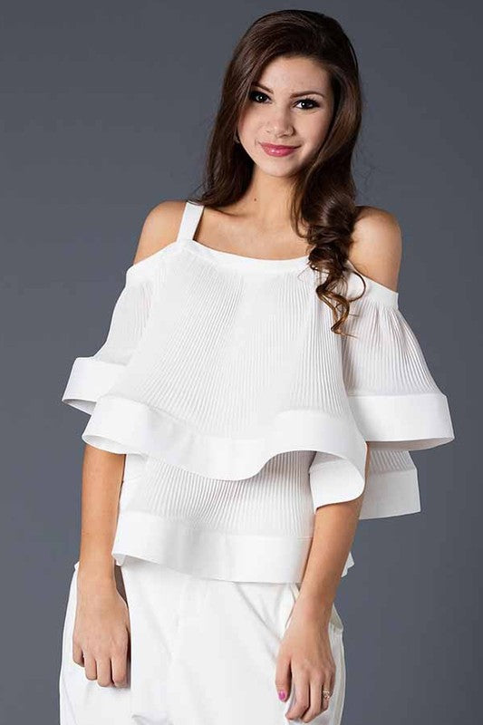 Chiffon Pleated Fabric Cold Shoulder Blouse