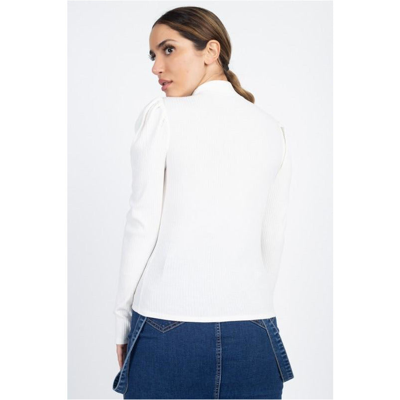 Puffed Sleeve Ribbed Knit Top