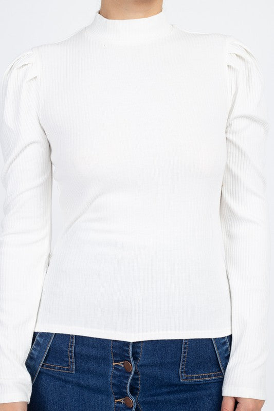 Puffed Sleeve Ribbed Knit Top