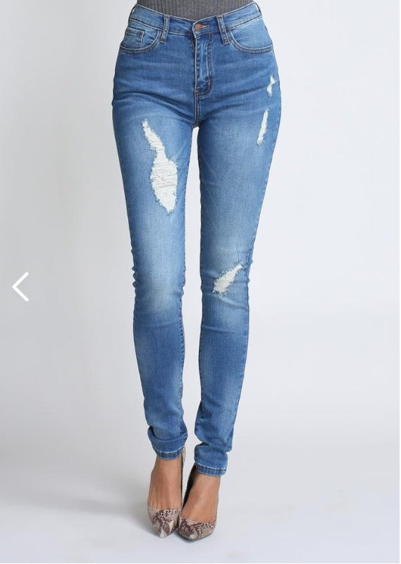 High Waisted Distressed Stone Skinny Jeans