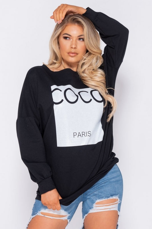 Black Coco Print Oversized Sweatshirt