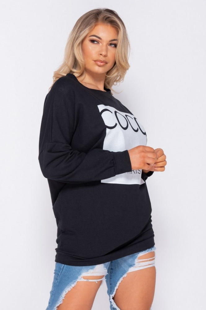 Black Coco Print Oversized Sweatshirt