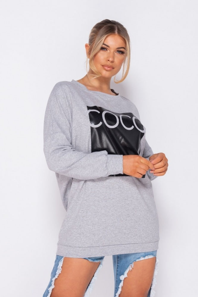 Gray Coco Print Oversized Sweatshirt